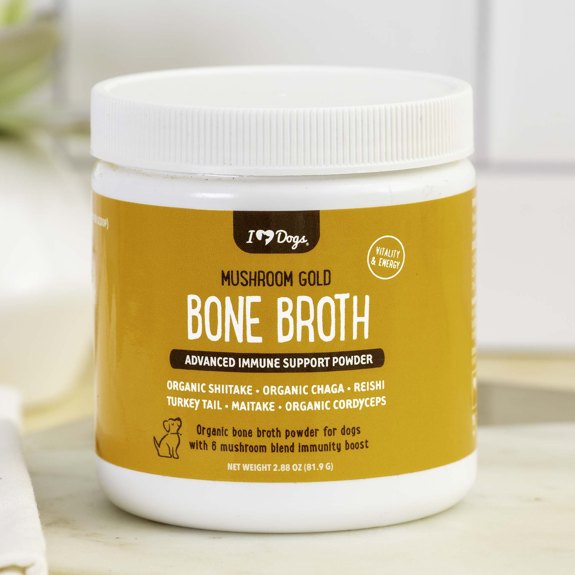 Bone Broth For Dogs Immune Support Powder – PLUS Mushroom Gold with Organic Shiitake, Turkey Tail, Reishi
