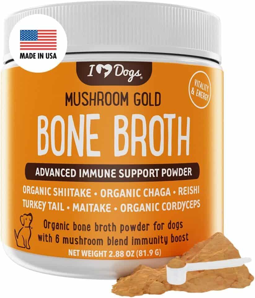 Bone Broth For Dogs Immune Support Powder – PLUS Mushroom Gold with Organic Shiitake, Turkey Tail, Reishi