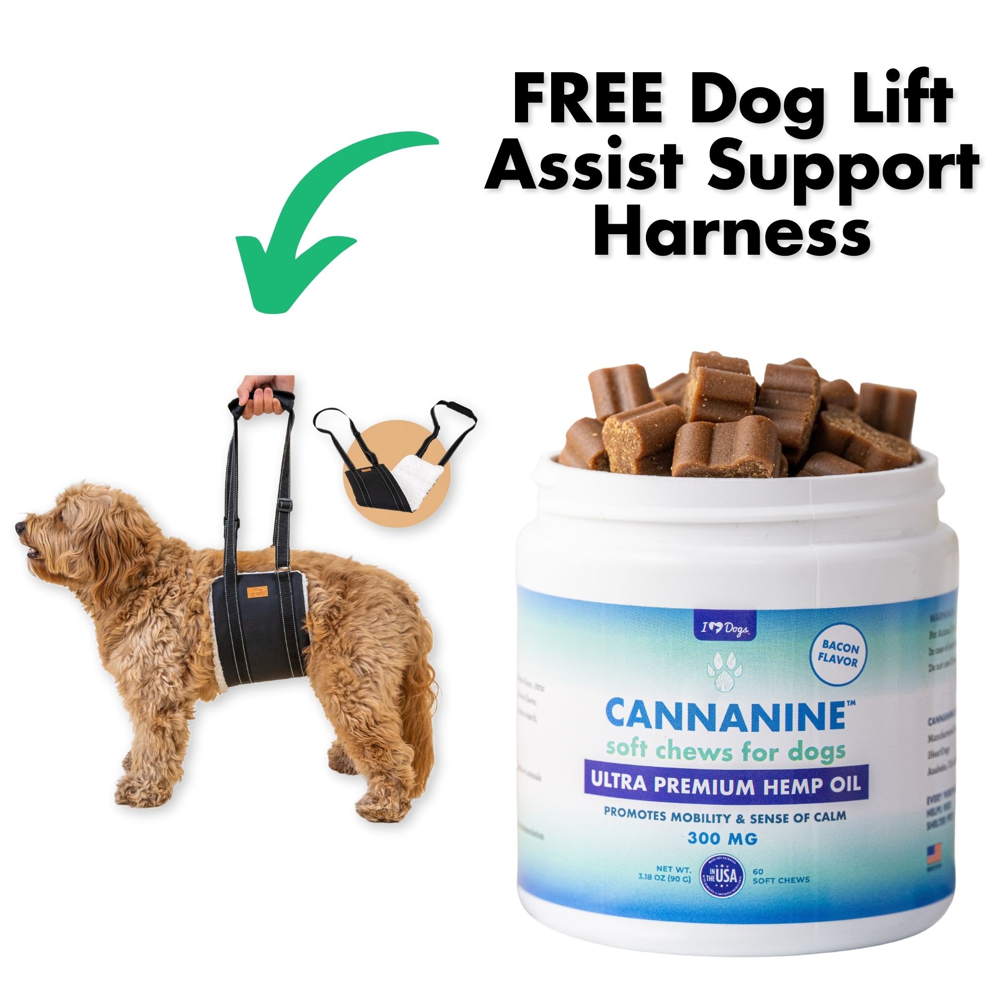 FREE Dog Lift Assist Support Harness – For Senior Dogs, Pet Support & Rehabilitation Sling Lift  With Purchase of Bacon Flavored CBD Soft Chews For Dogs 300 mg.-  60 ct.