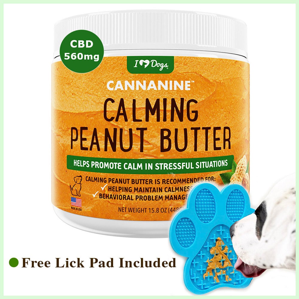 Cannanine CBD Calming Peanut Butter with FREE Boredom Buster Lick Mat for Dog Anxiety - Helps Promote Calm In Stressful Situations -15.8 oz Jar