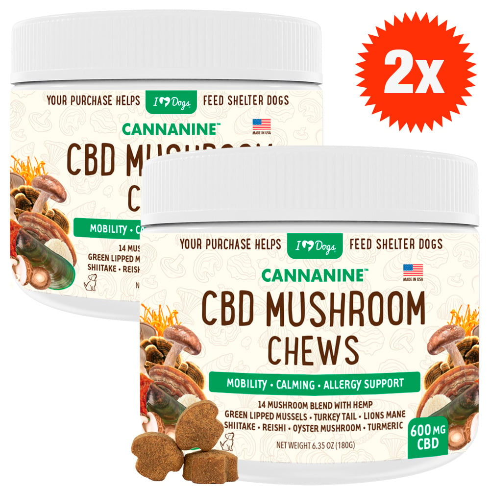 Buy 2 & SAVE - CBD Mushroom Chews For Dogs - Mobility, Calming, Allergy & Immune Support – 14 Mushroom Blend with Turkey Tail, Lion’s Main, Shiitake & Green Lipped Mussels - 60ct / 600MG CBD