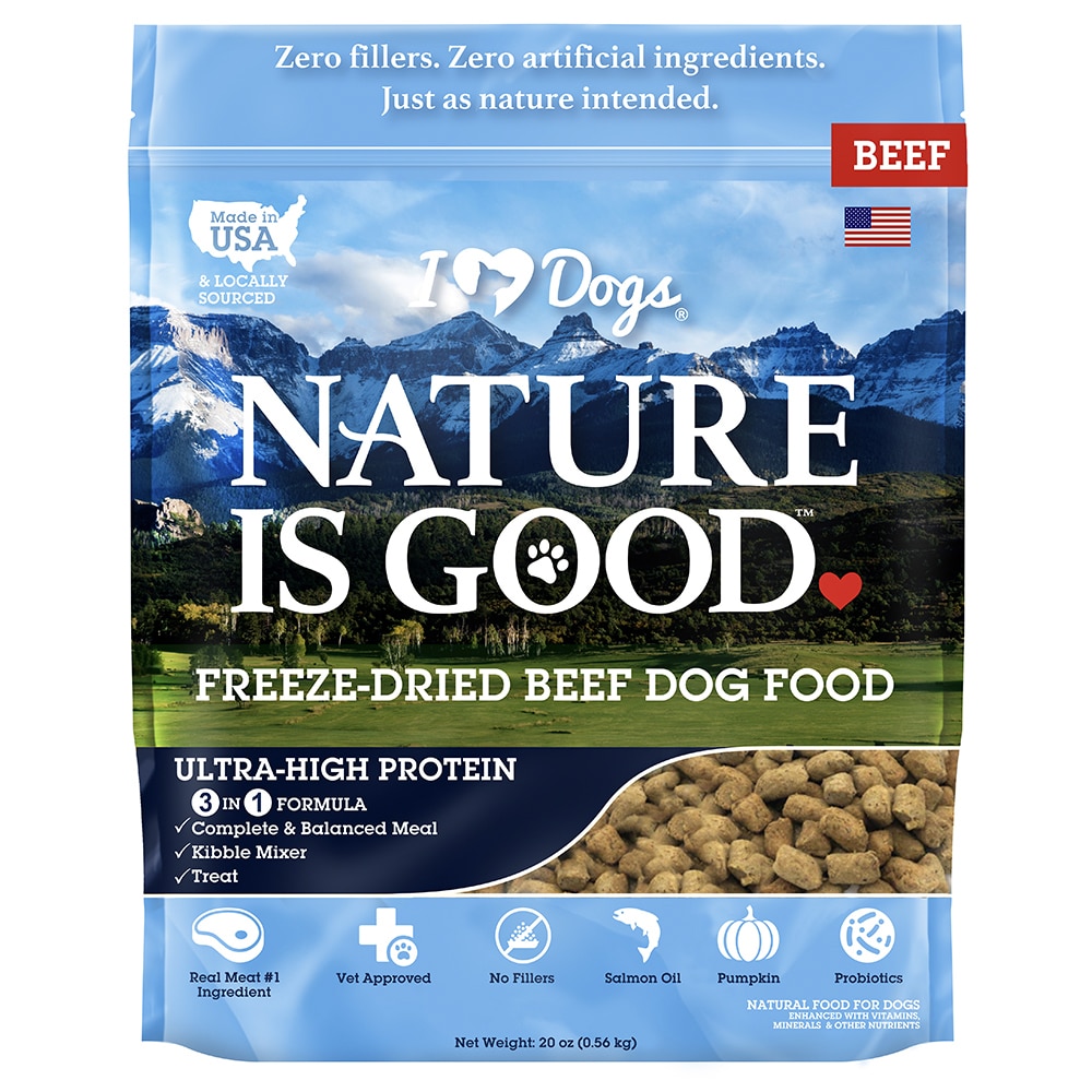 iHeartDogs Nature is Good Freeze-Dried Dog Food - Vet-Approved, Filler-Free Raw Dog Food Supports Overall Health & Well-Being - Beef, 20 oz