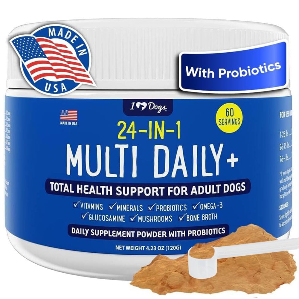 iHeartDogs 24-in-1 Adult Multivitamin Daily+ Total Health Support Powder with Probiotics, Omega-3, Glucosamine, Mushrooms & Bone Broth- 60 Servings