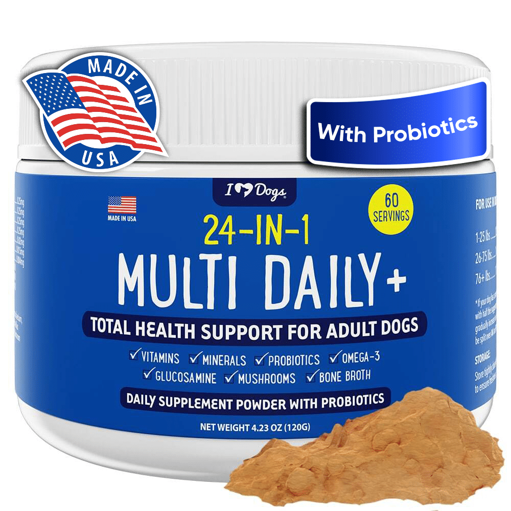 iHeartDogs 24-in-1 Adult Multivitamin Daily+ Total Health Support Powder with Probiotics, Omega-3, Glucosamine, Mushrooms & Bone Broth- 60 Servings