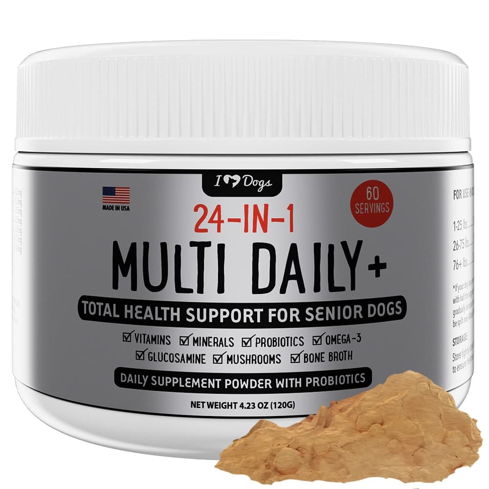 iHeartDogs 24-in-1 SENIOR Multivitamin Daily+ Total Health Support Powder with Probiotics, Omega-3, Glucosamine, Mushrooms & Bone Broth- 60 Servings