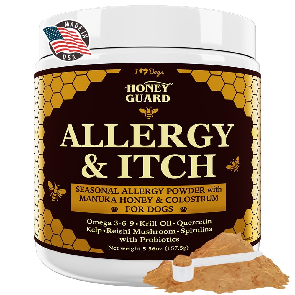 Honey Guard™ – Allergy & Itch Powder for Dogs Extra Strength with Manuka Honey, Quercetin, Colostrum, Krill Oil and Probiotics – 90 Scoops